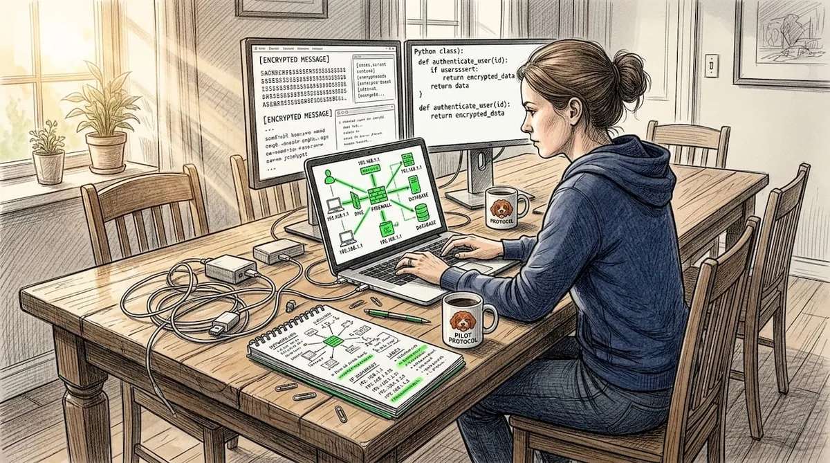 Woman working on decentralized AI network at home table